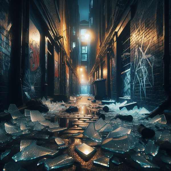 路地と散乱した硝子片